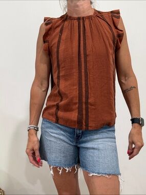 cloth & stone Rust Brown Striped Ruffle-Sleeve Tank